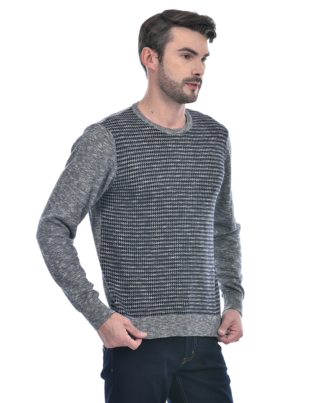 Numero Uno Men Self Design Grey Sweater